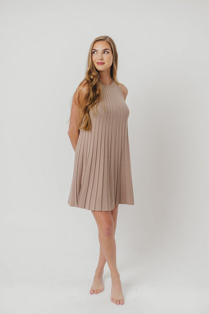 Stephanie Ribbed Knit Mini Dress with Pleats in Taupe