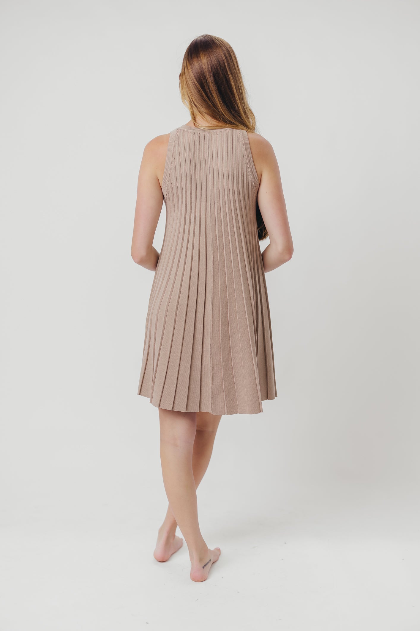 Stephanie Ribbed Knit Mini Dress with Pleats in Taupe