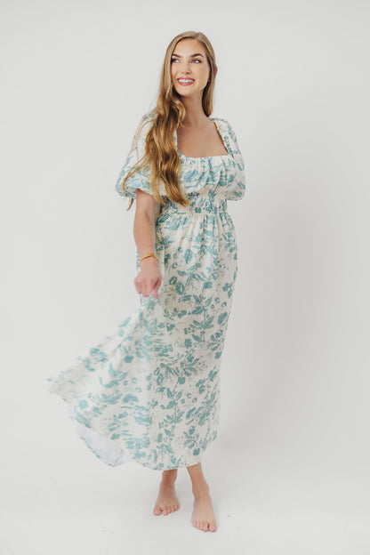 Mallory Textured Print Midi Dress in Teal Floral