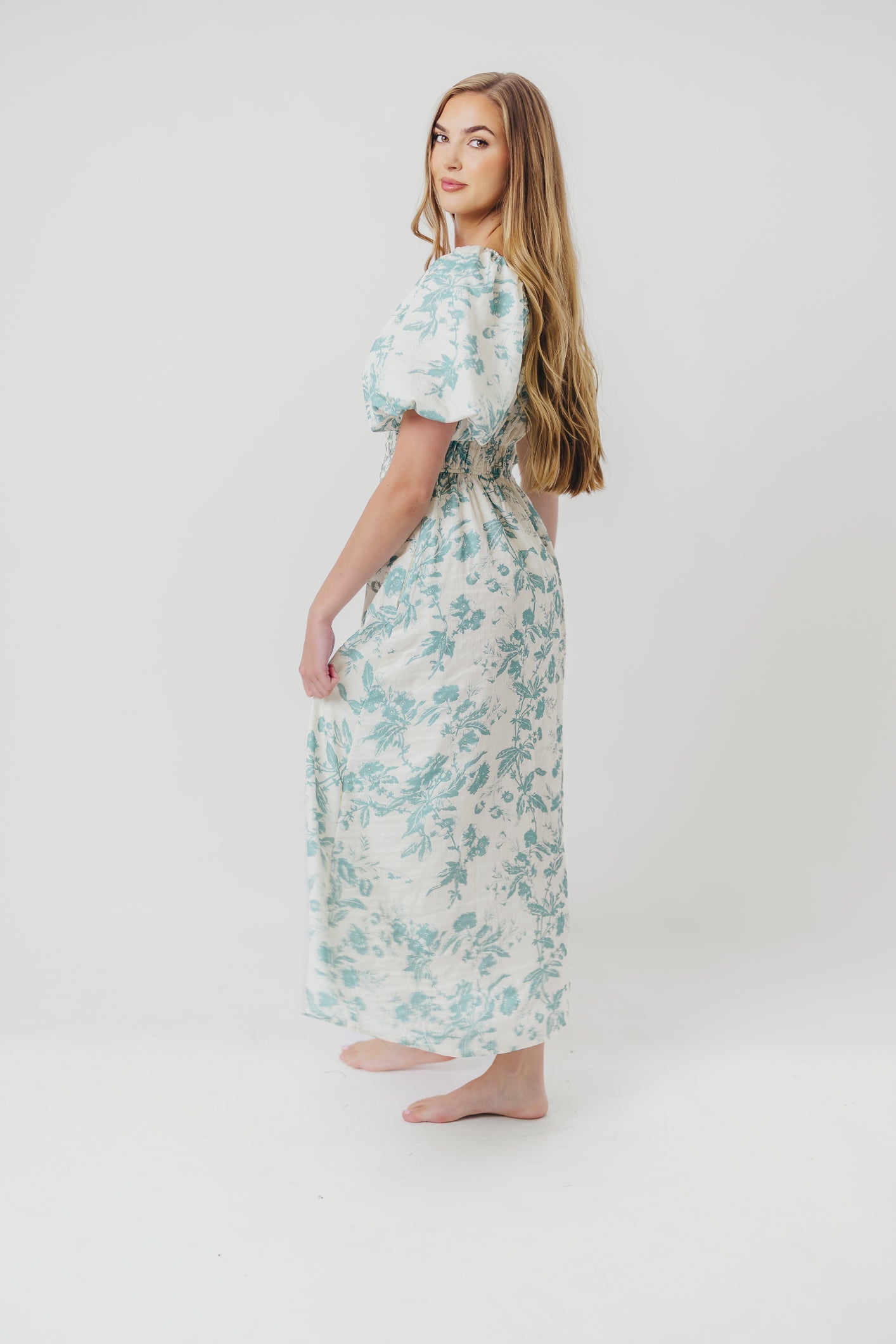 Mallory Textured Print Midi Dress in Teal Floral