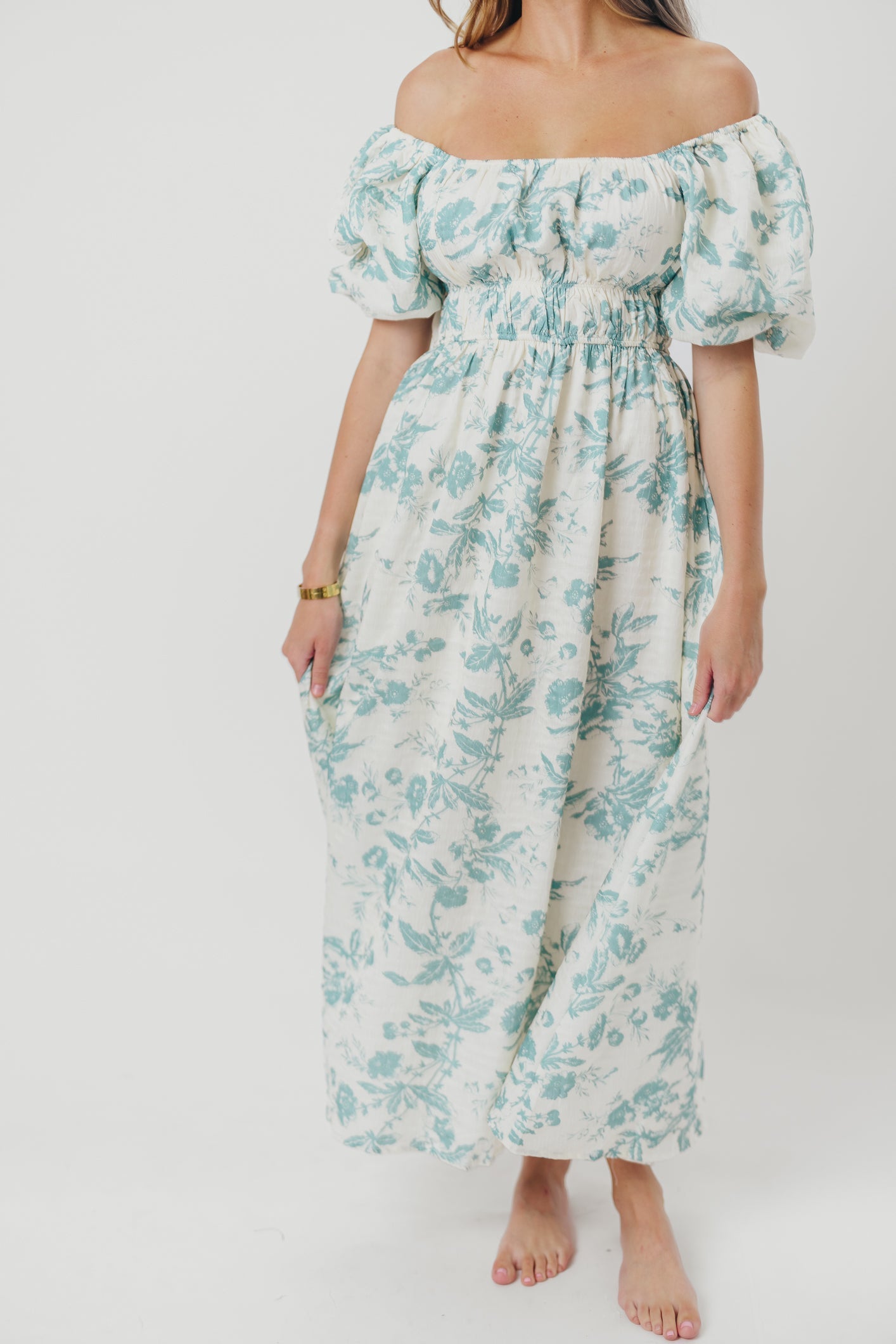 Mallory Textured Print Midi Dress in Teal Floral