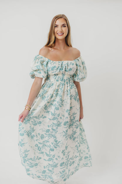 Mallory Textured Print Midi Dress in Teal Floral