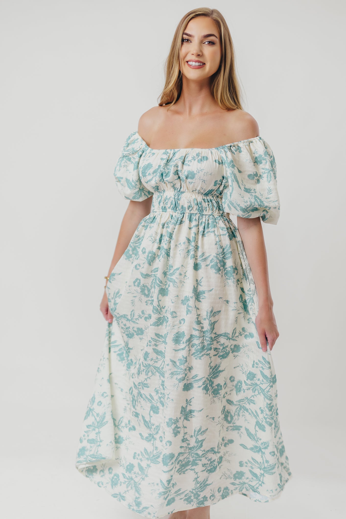 Mallory Textured Print Midi Dress in Teal Floral