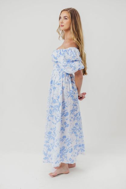 Mallory Textured Print Midi Dress in Blue Floral