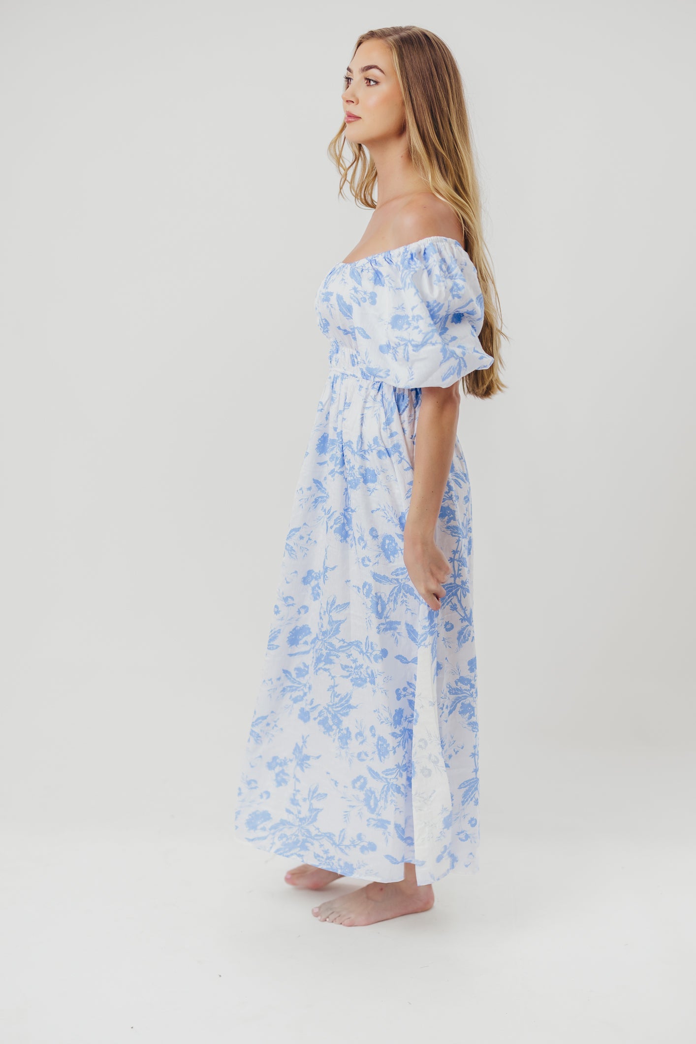 Mallory Textured Print Midi Dress in Blue Floral