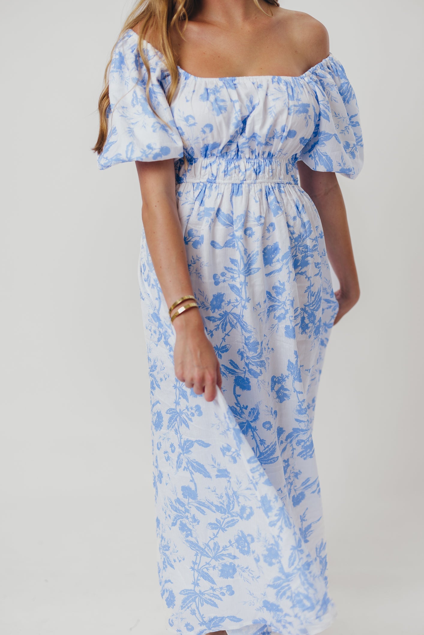 Mallory Textured Print Midi Dress in Blue Floral