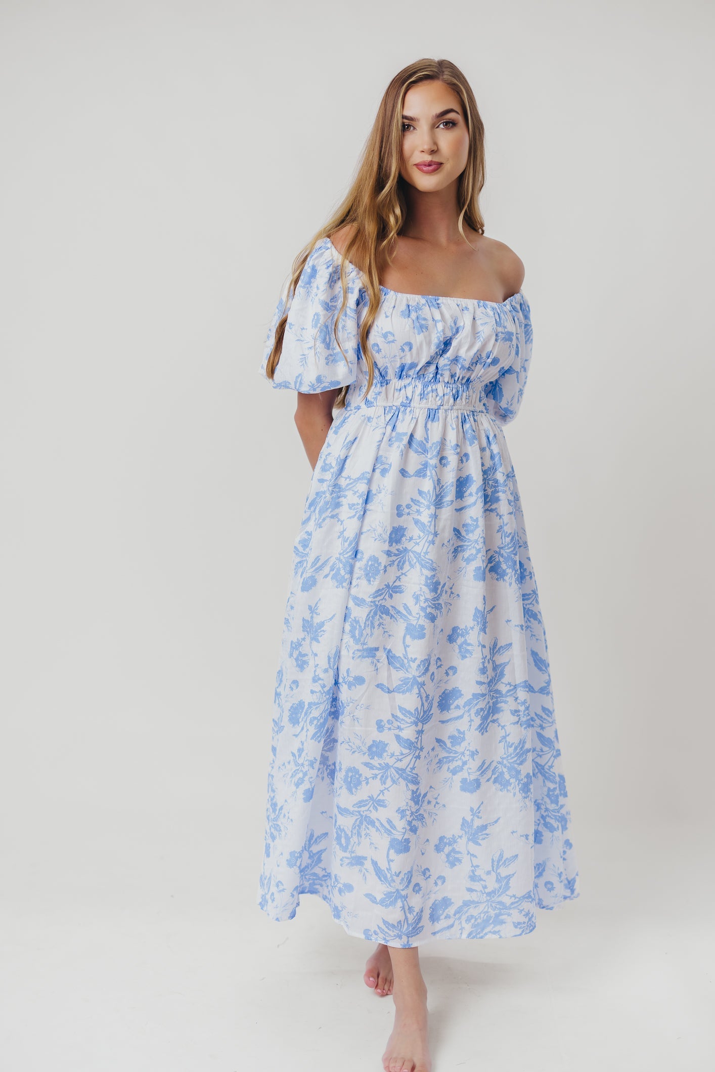 Mallory Textured Print Midi Dress in Blue Floral