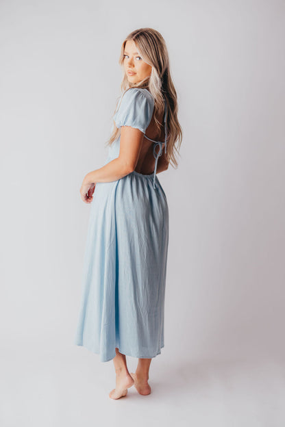 August Open Back Midi Dress in Baby Blue - Bump Friendly