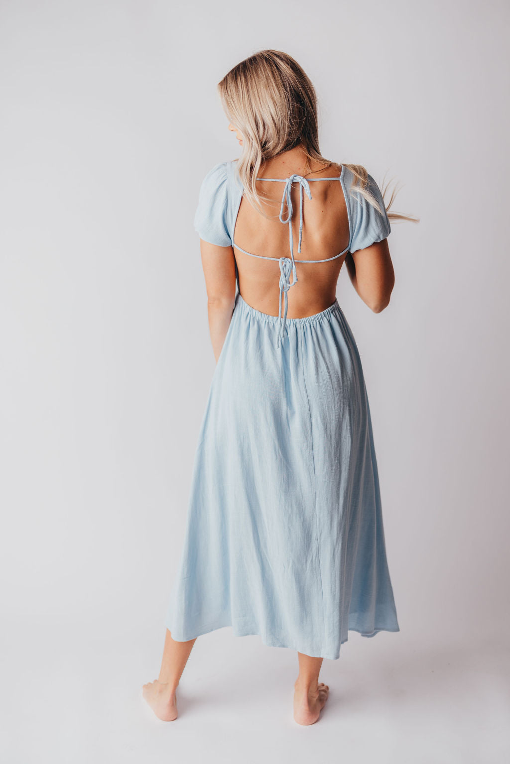 August Open Back Midi Dress in Baby Blue - Bump Friendly