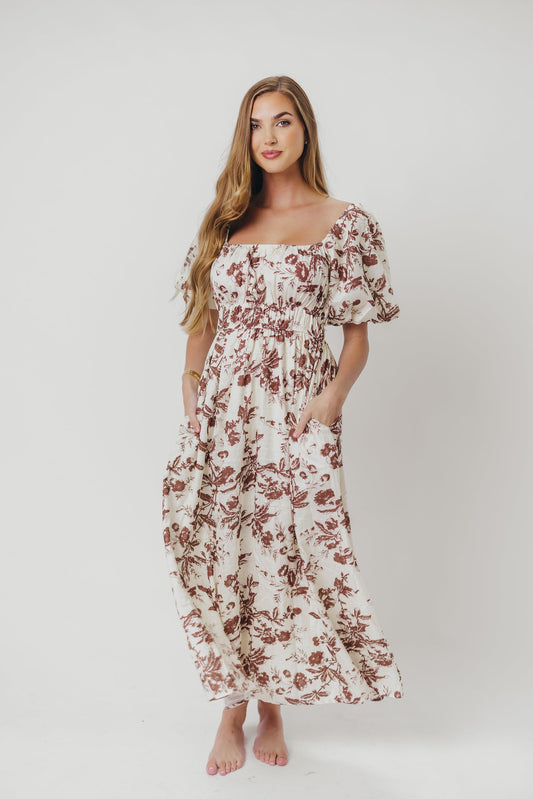 Mallory Textured Print Midi Dress in Mocha Floral