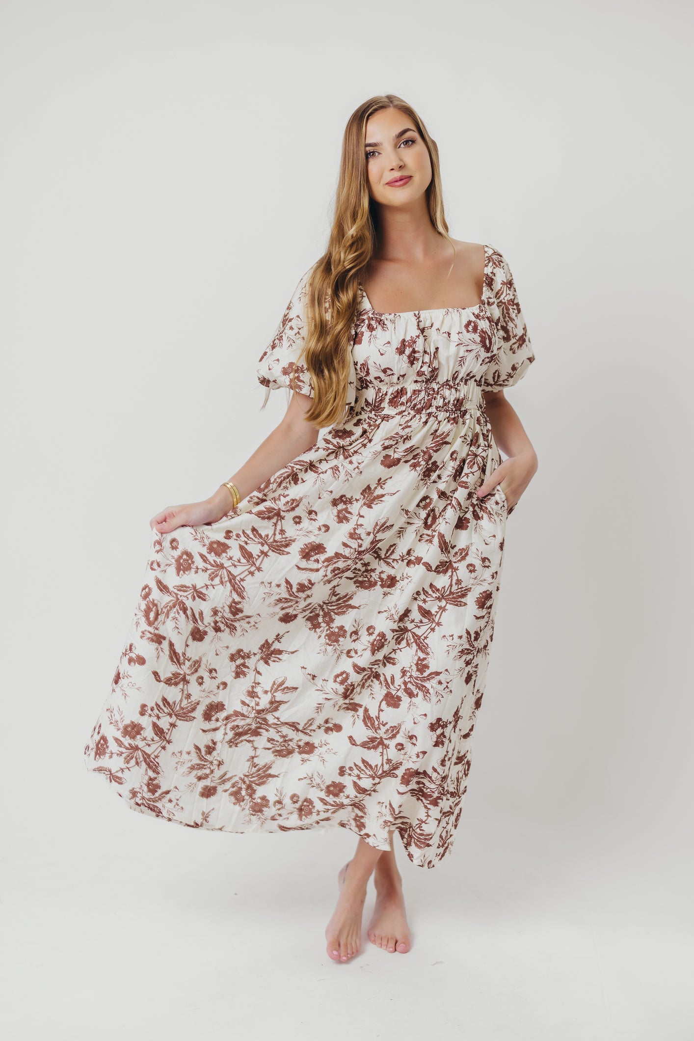 Mallory Textured Print Midi Dress in Mocha Floral