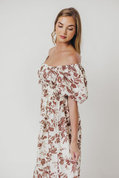 Mallory Textured Print Midi Dress in Mocha Floral