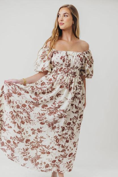 Mallory Textured Print Midi Dress in Mocha Floral