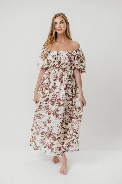 Mallory Textured Print Midi Dress in Mocha Floral