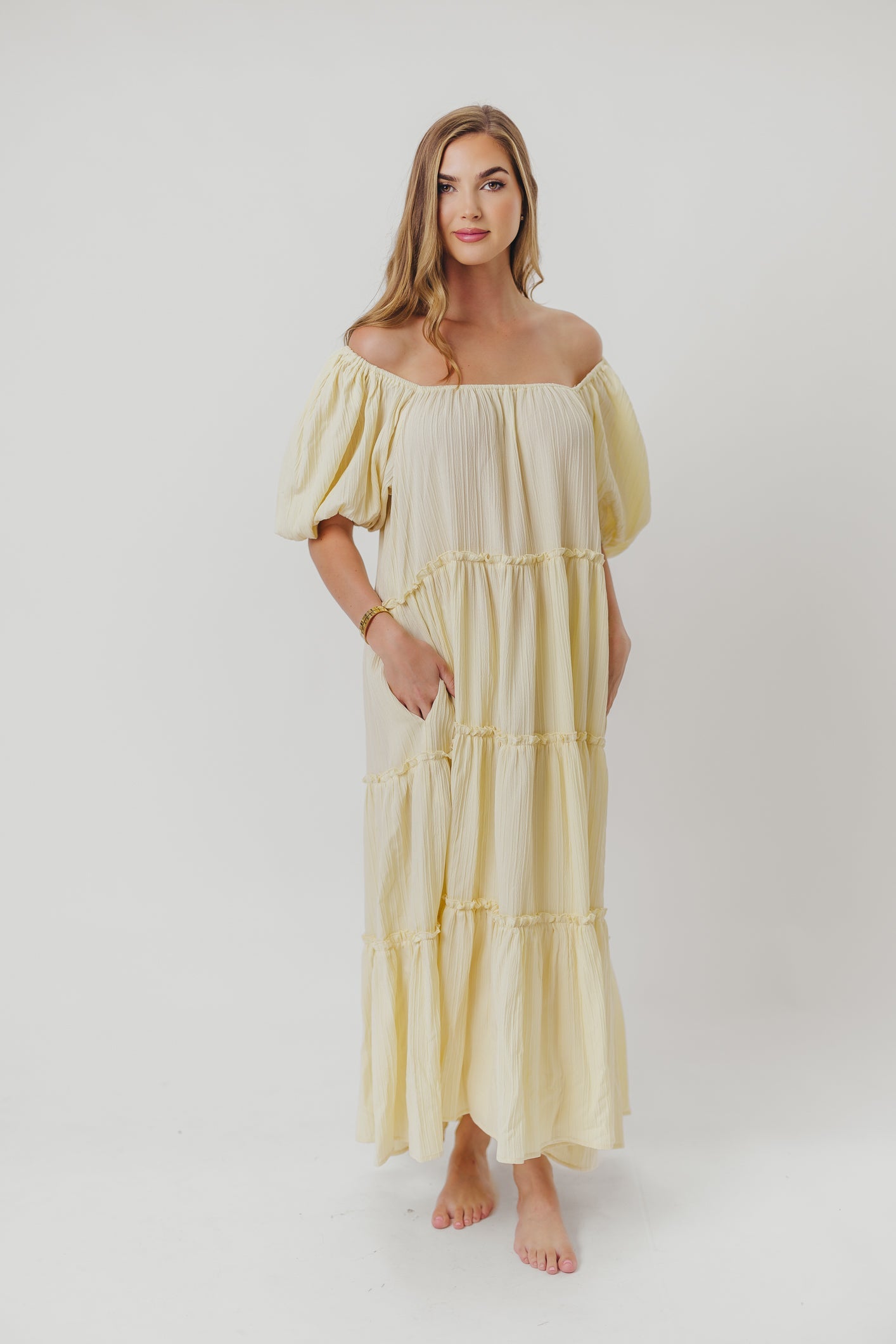 Eva Puffed Sleeve Maxi Dress in Pale Yellow - Bump Friendly & Inclusive Sizing (S-3XL)