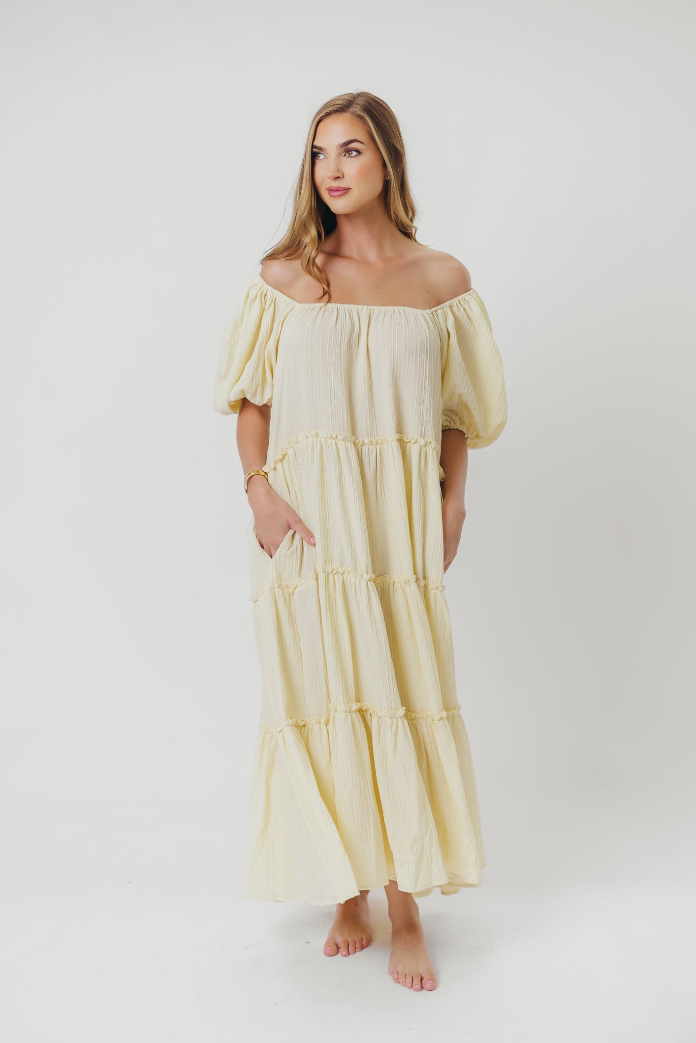 Eva Puffed Sleeve Maxi Dress in Pale Yellow - Bump Friendly & Inclusive Sizing (S-3XL)