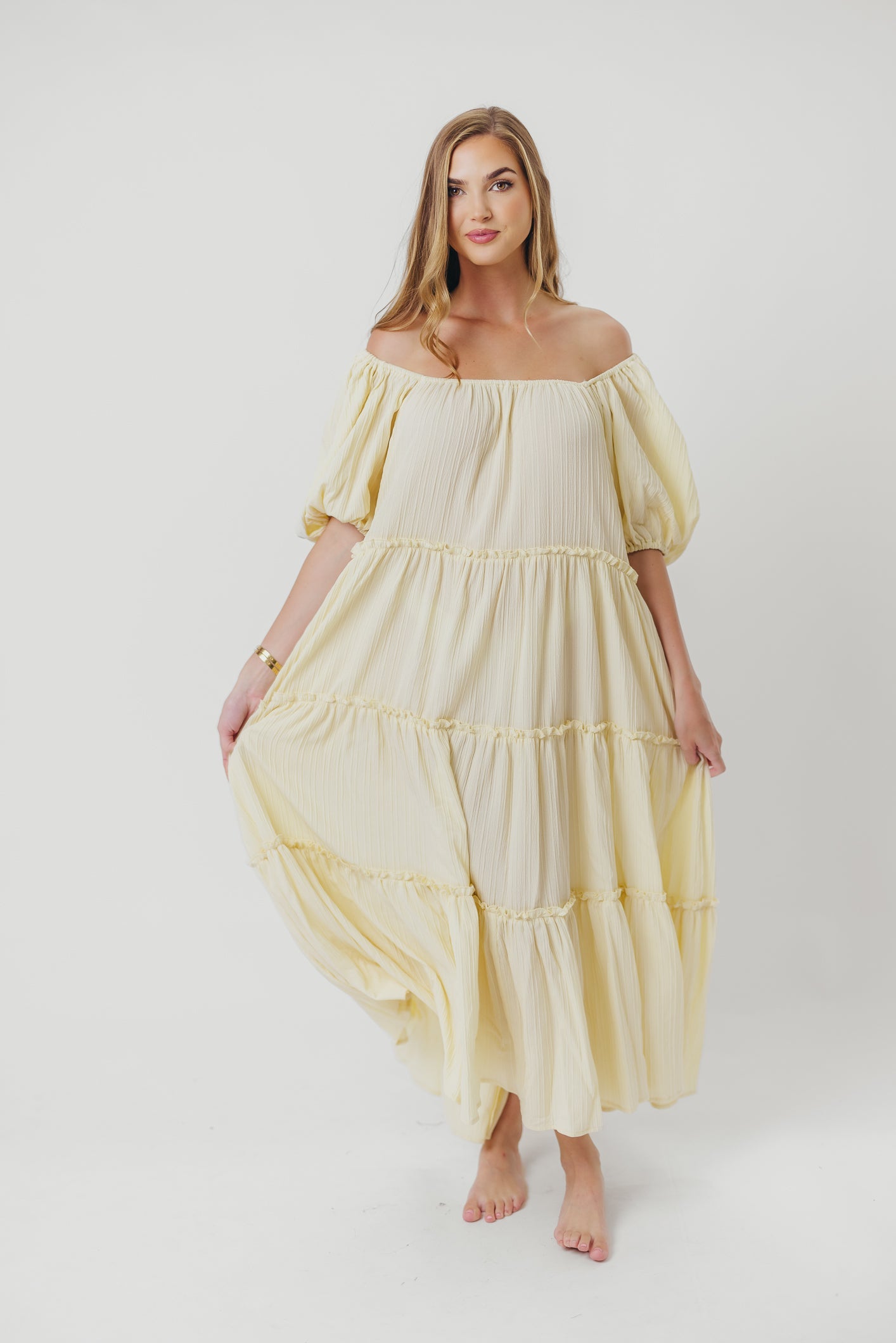 Eva Puffed Sleeve Maxi Dress in Pale Yellow - Bump Friendly & Inclusive Sizing (S-3XL)