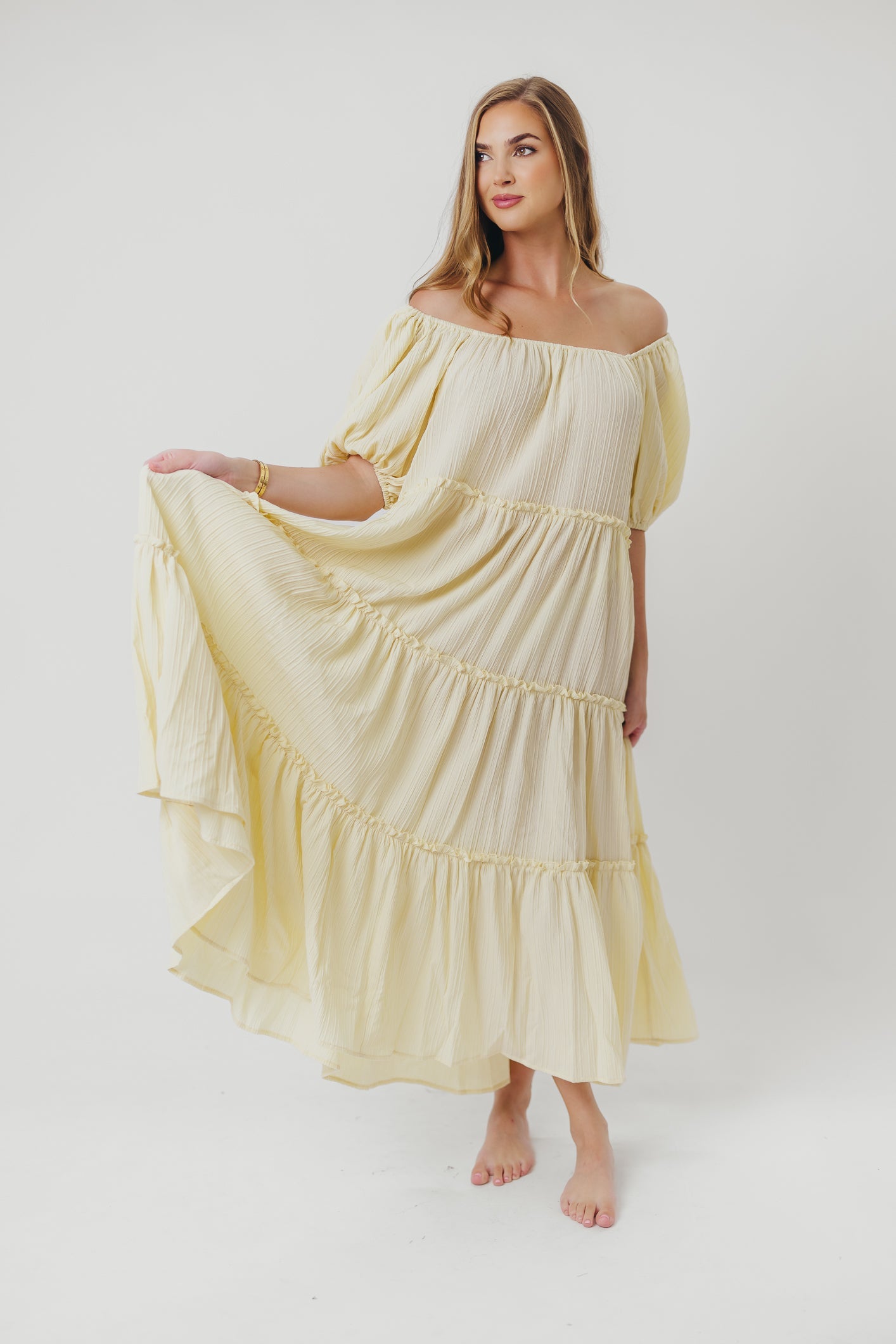 Eva Puffed Sleeve Maxi Dress in Pale Yellow - Bump Friendly & Inclusive Sizing (S-3XL)