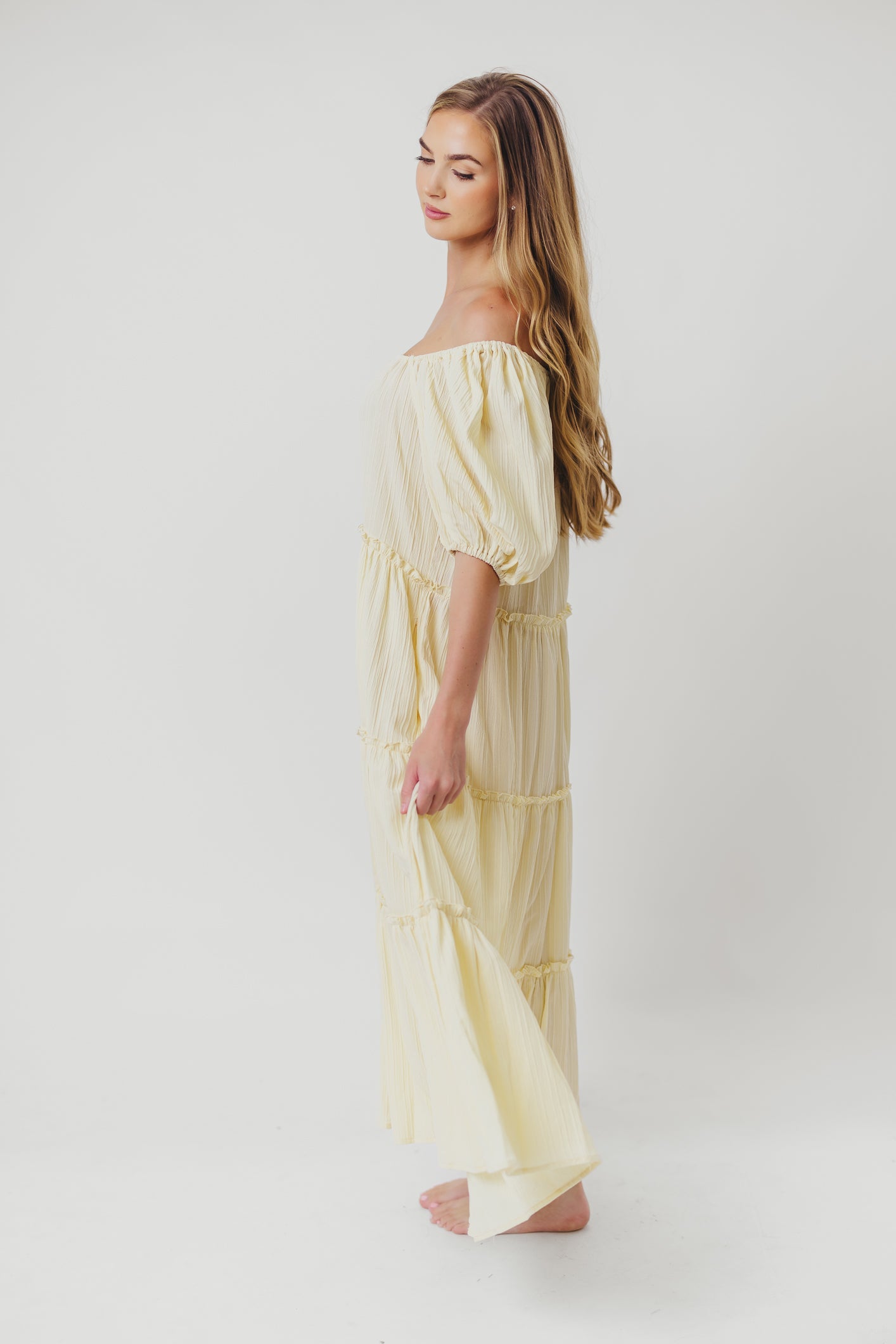 Eva Puffed Sleeve Maxi Dress in Pale Yellow - Bump Friendly & Inclusive Sizing (S-3XL)