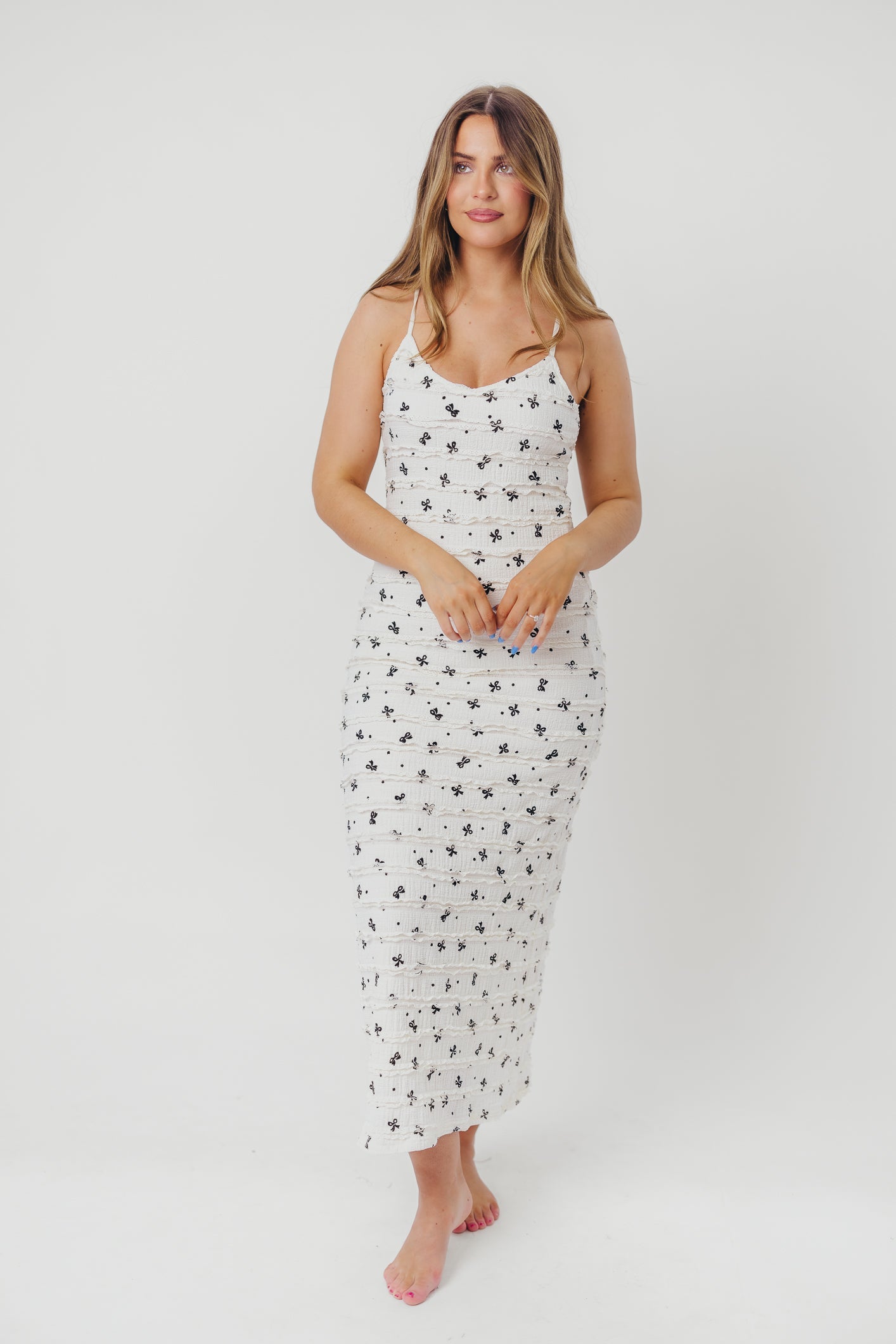 Piper Bow Print Maxi Dress with Ruffles in Ivory