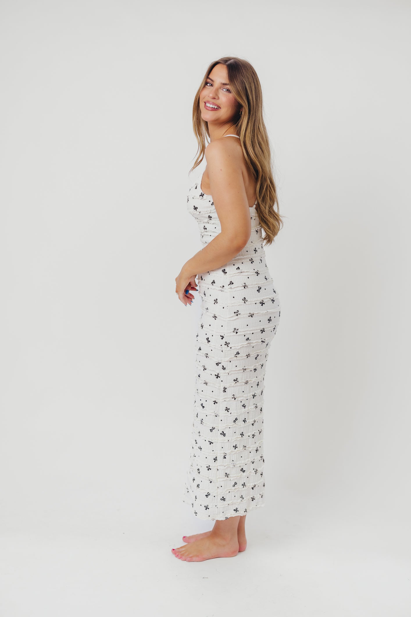 Piper Bow Print Maxi Dress with Ruffles in Ivory