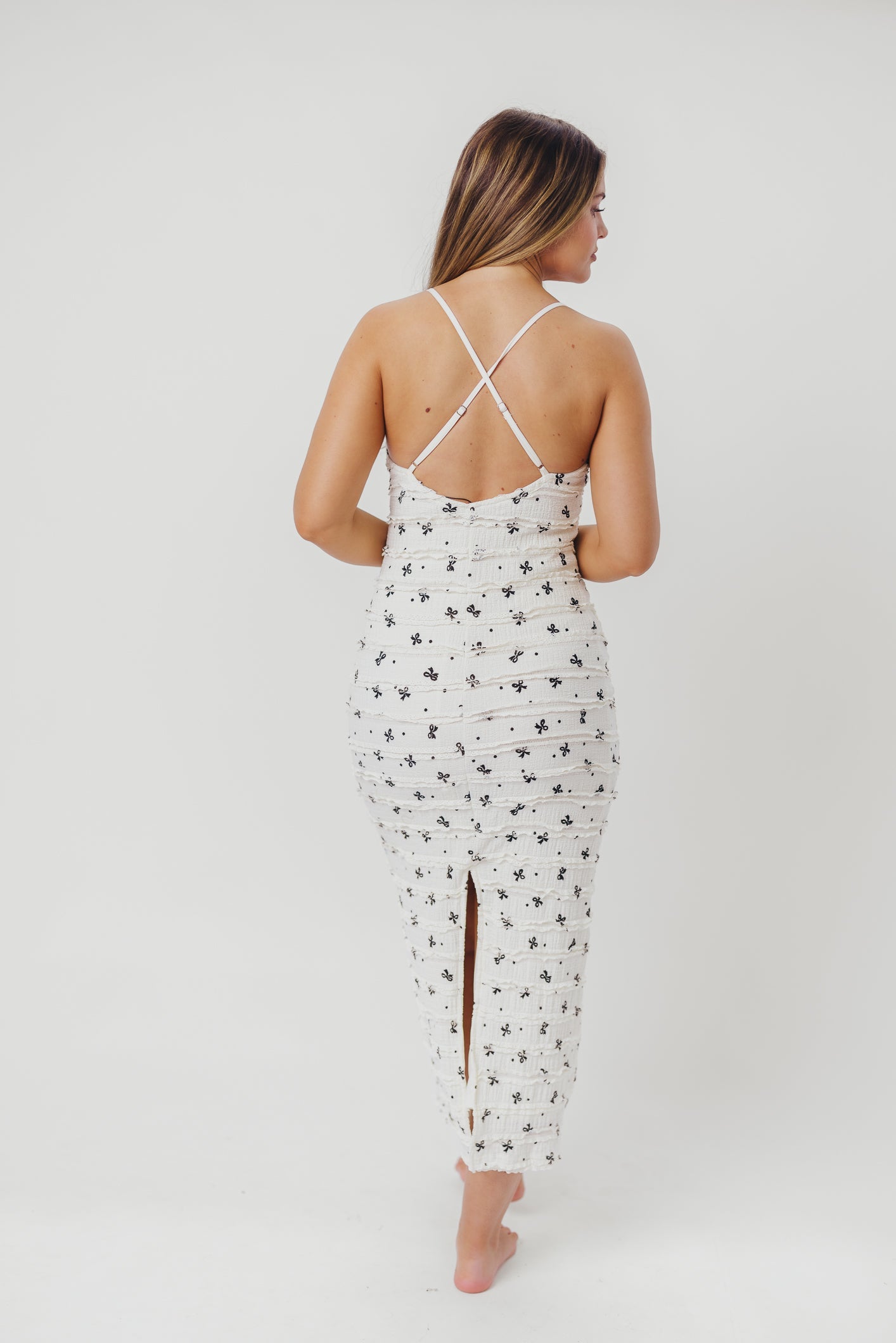 Piper Bow Print Maxi Dress with Ruffles in Ivory