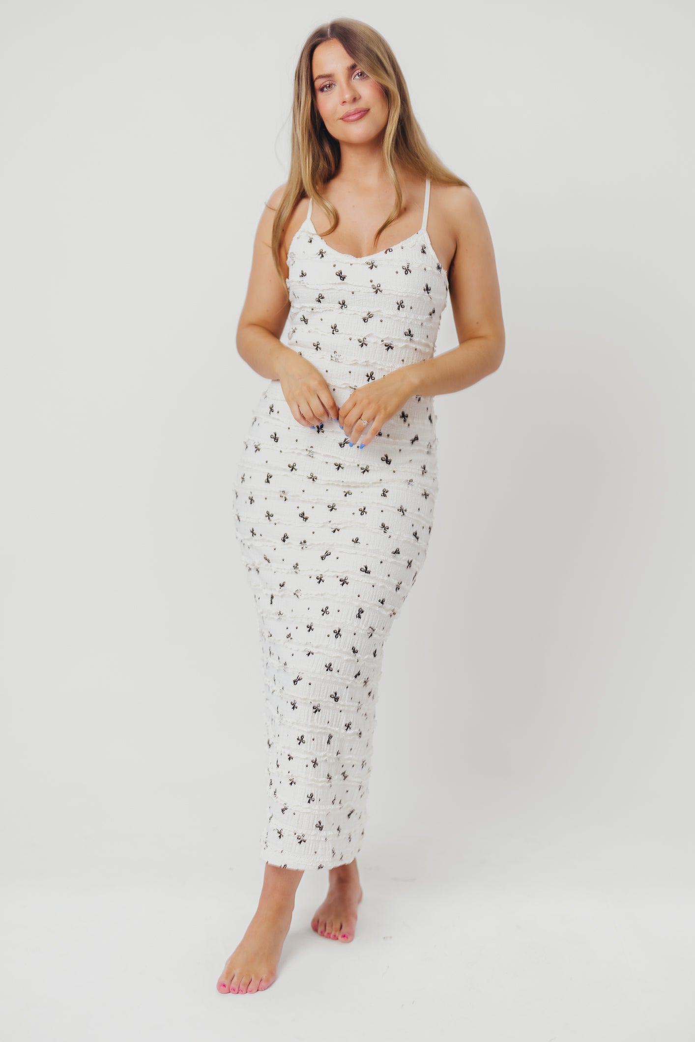 Piper Bow Print Maxi Dress with Ruffles in Ivory