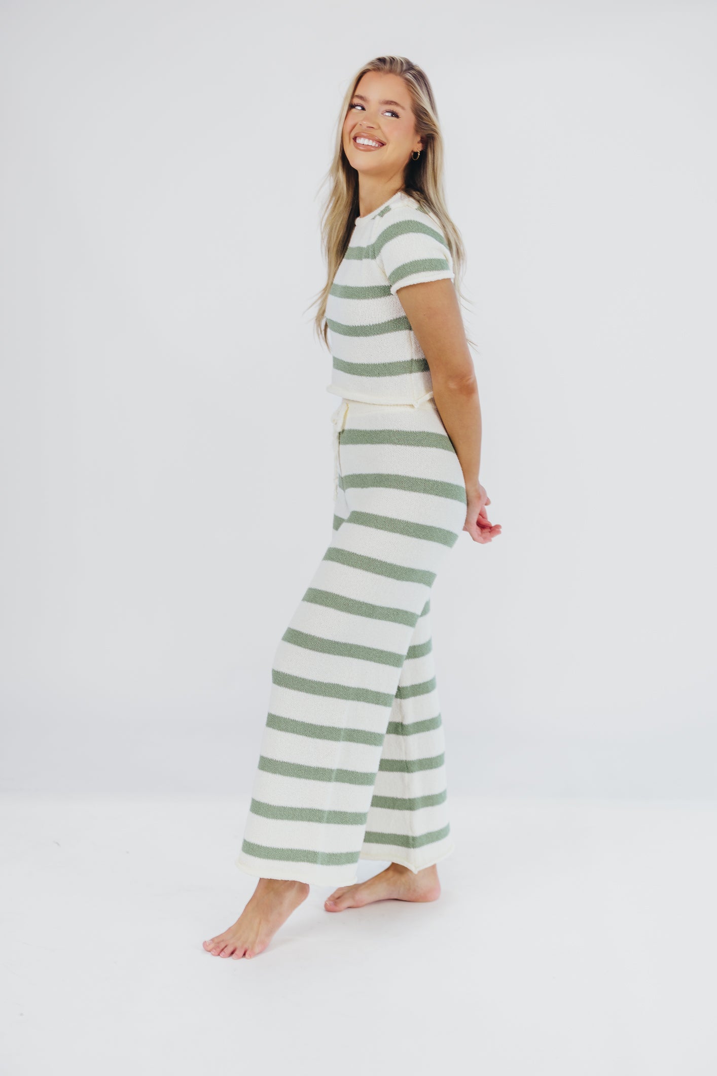 Callan Wide Stripe Crop Top and Pant Set in Sage