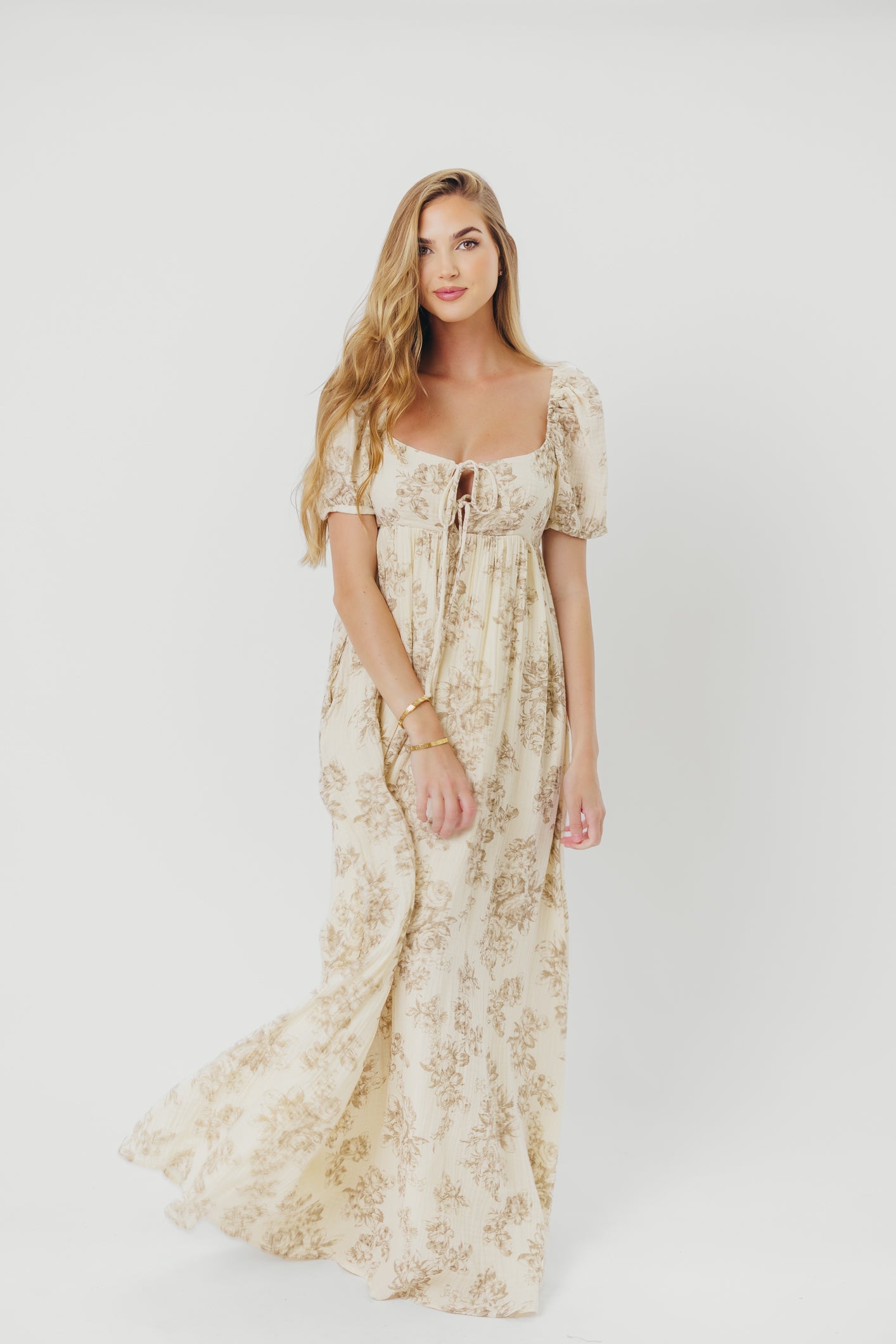 Haven 100% Cotton Tie Front Maxi Dress in Taupe/Brown Floral