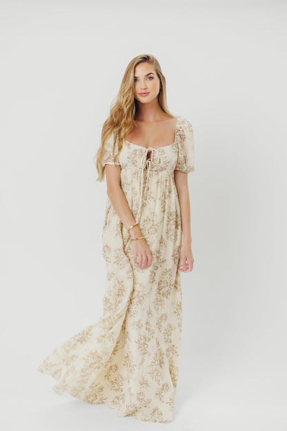 Haven 100% Cotton Tie Front Maxi Dress in Taupe/Brown Floral