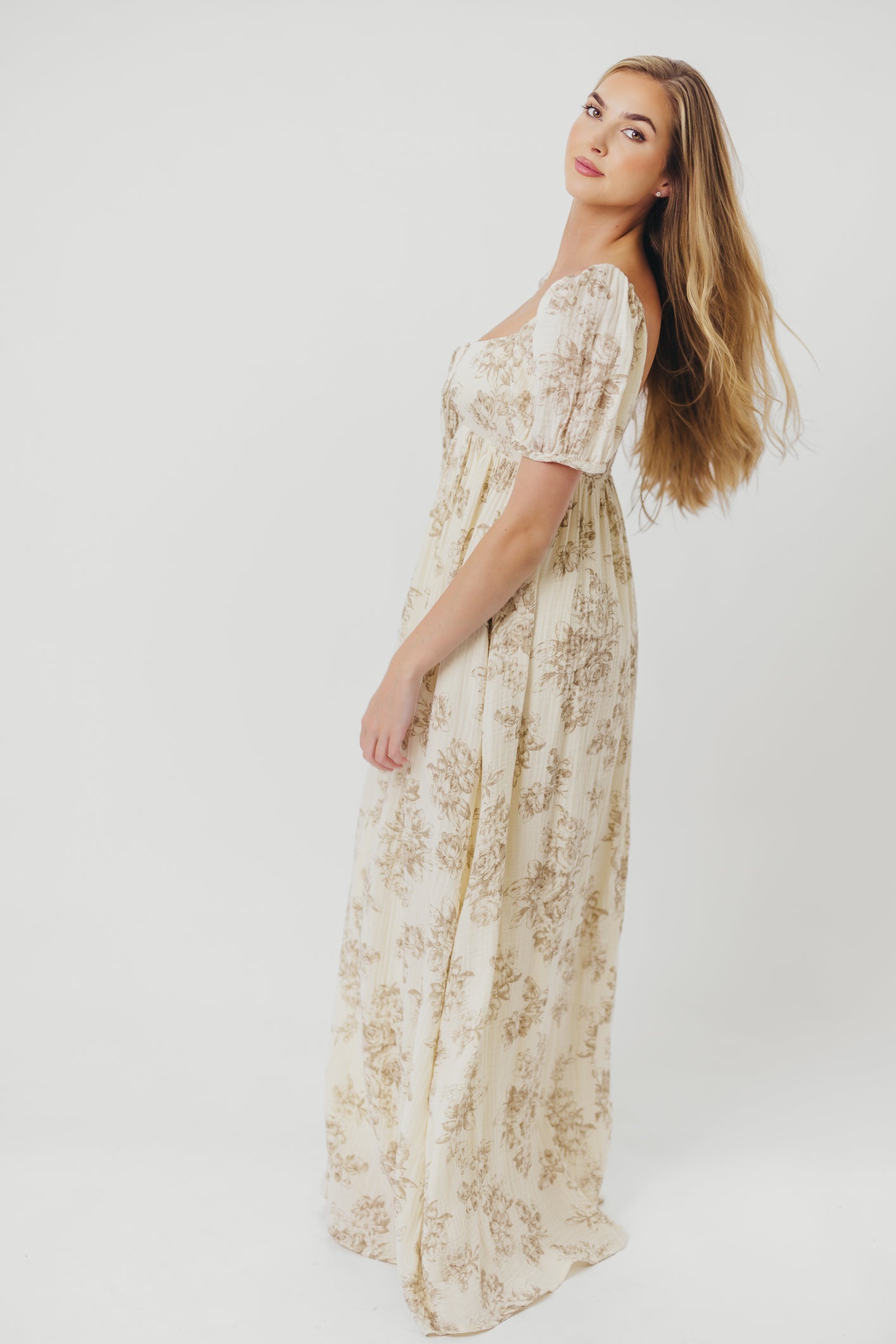 Haven 100% Cotton Tie Front Maxi Dress in Taupe/Brown Floral