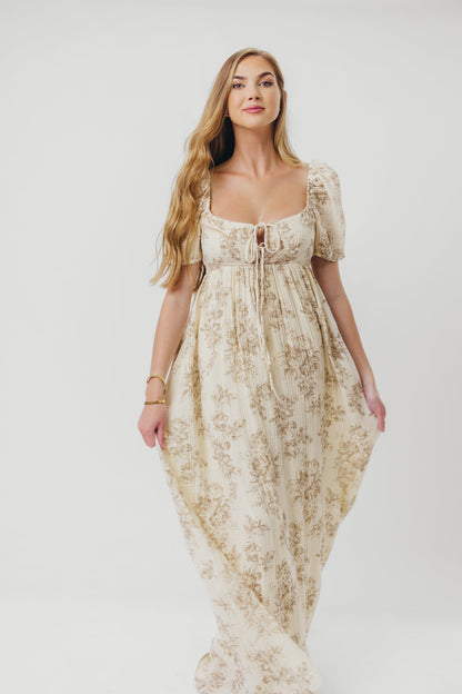 Haven 100% Cotton Tie Front Maxi Dress in Taupe/Brown Floral