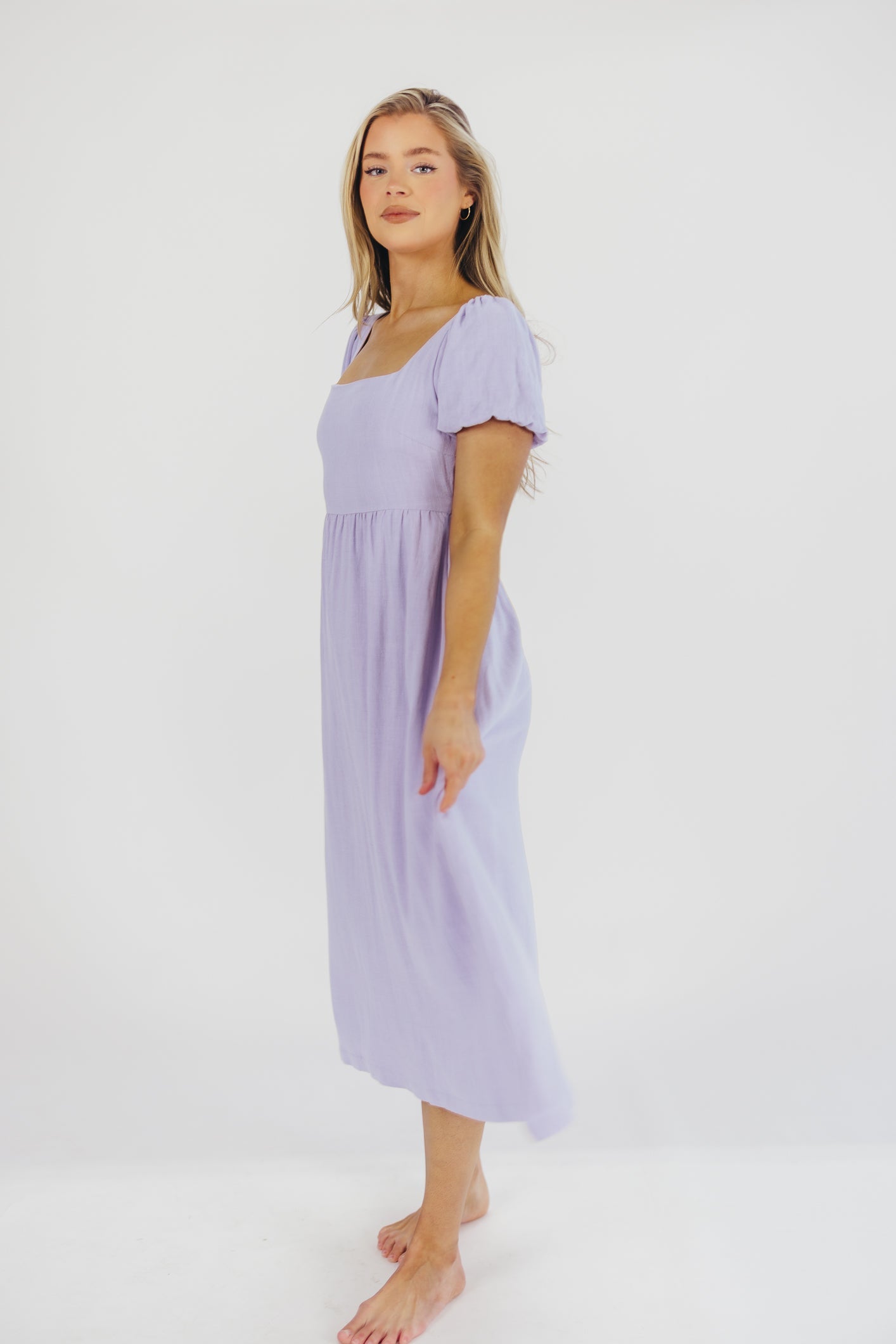 Ainsley Square Neck Midi Dress with Puffed Sleeves in Morning Glory - Bump Friendly & Inclusive Sizing (S-3XL)