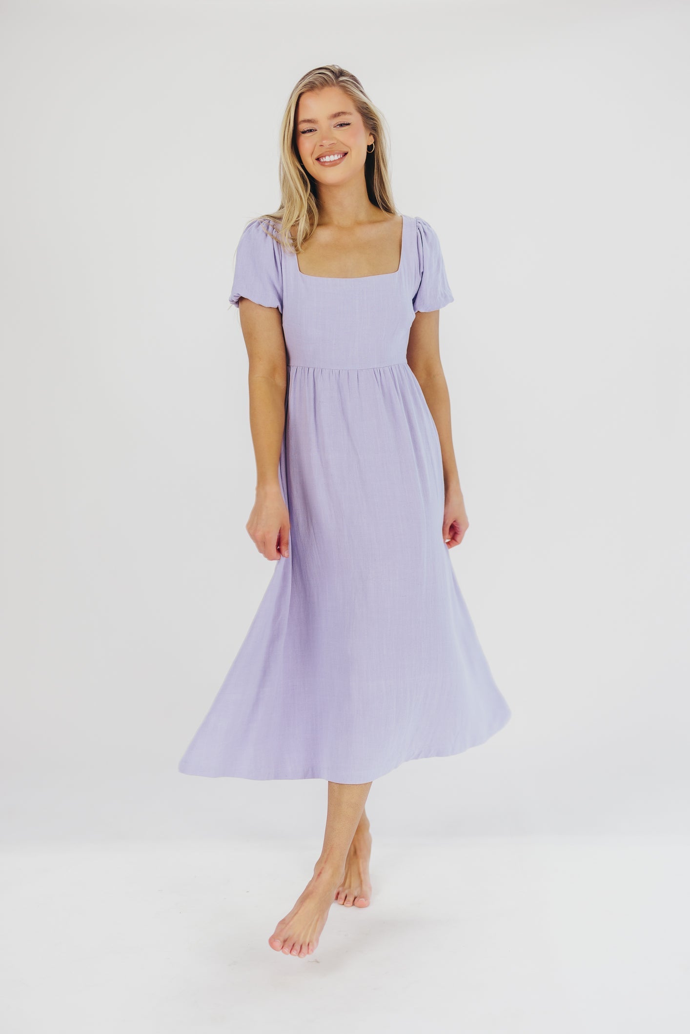 Ainsley Square Neck Midi Dress with Puffed Sleeves in Morning Glory - Bump Friendly & Inclusive Sizing (S-3XL)