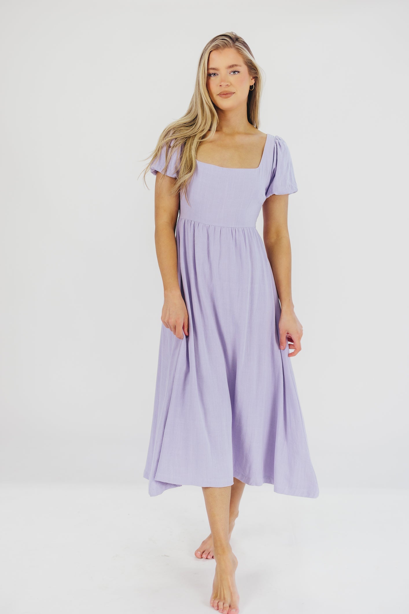 Ainsley Square Neck Midi Dress with Puffed Sleeves in Morning Glory - Bump Friendly & Inclusive Sizing (S-3XL)