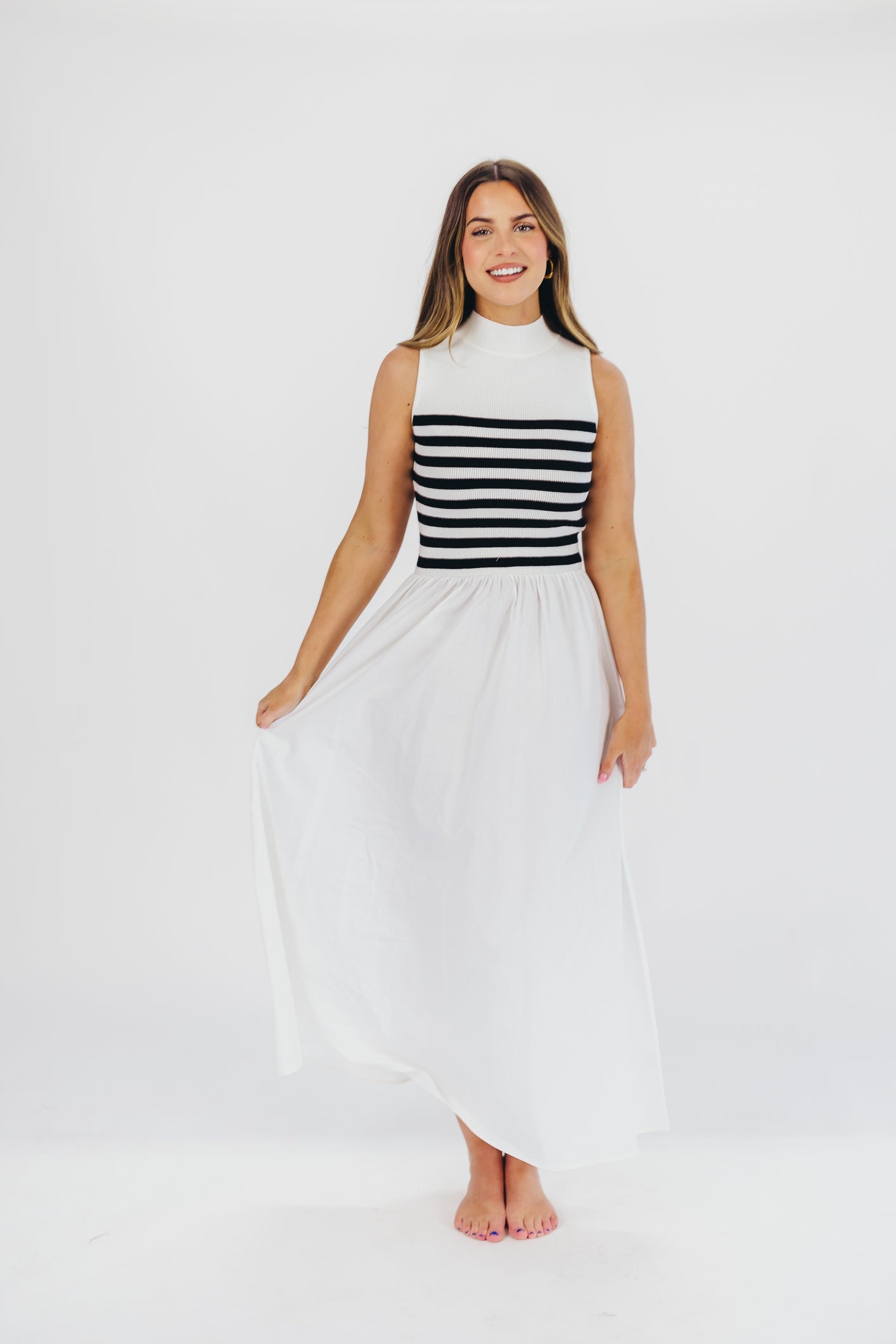 Tia Knit Maxi Dress in White Stripe