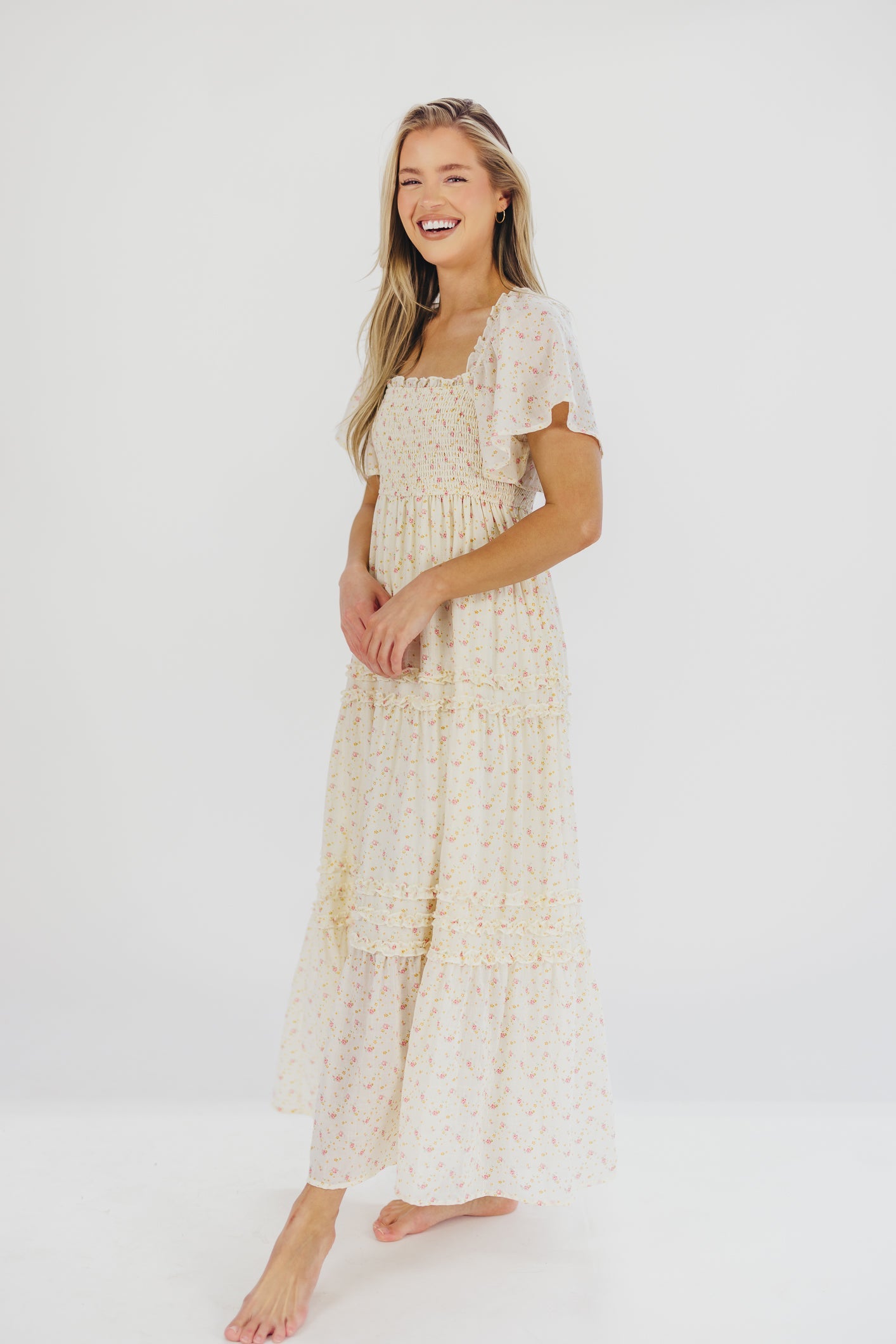 Riley Smocked Floral Print Maxi Dress in Rose Floral