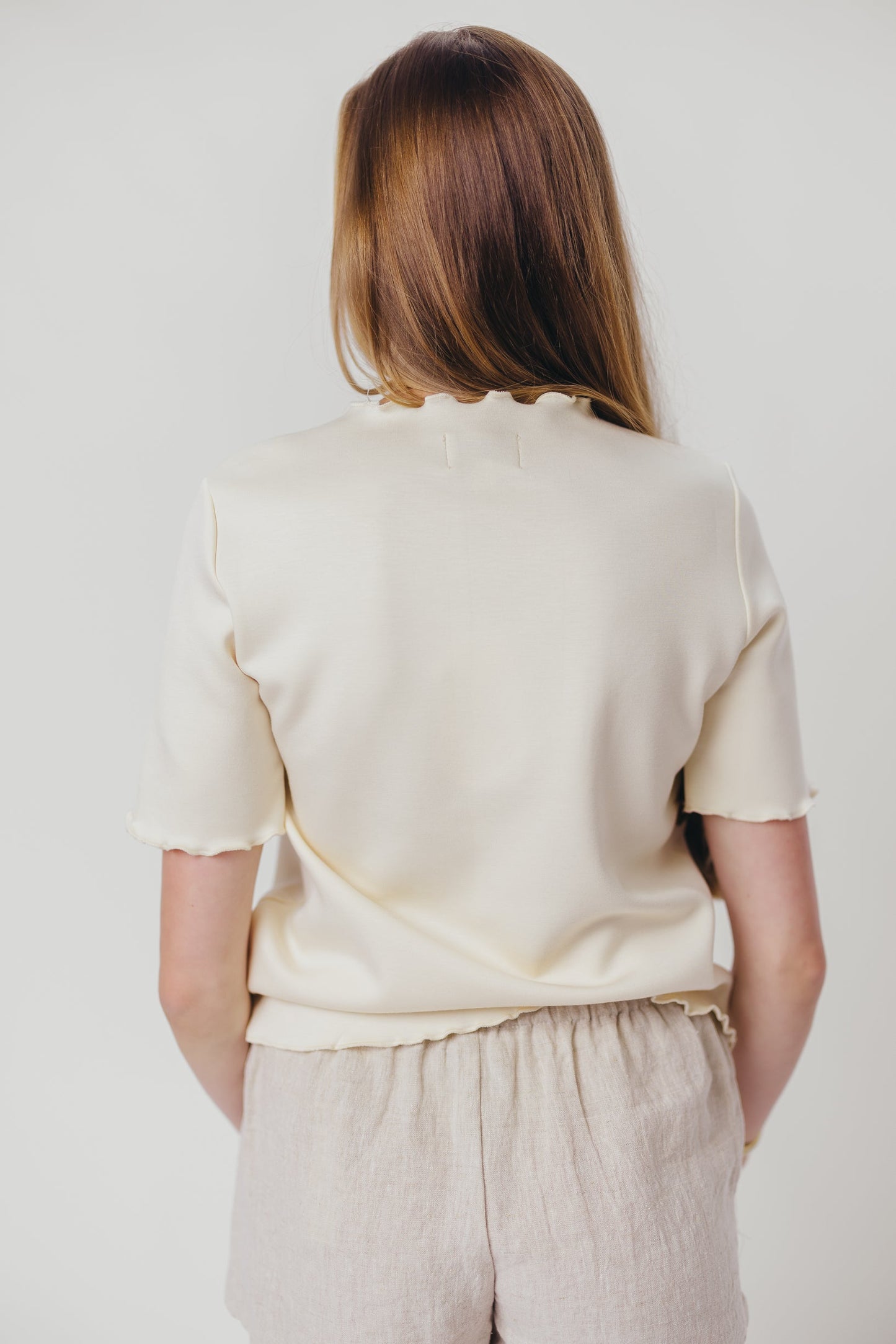 Jemma Butter Modal Mockneck Top with Merrow Edge from P.Cill in Eggshell