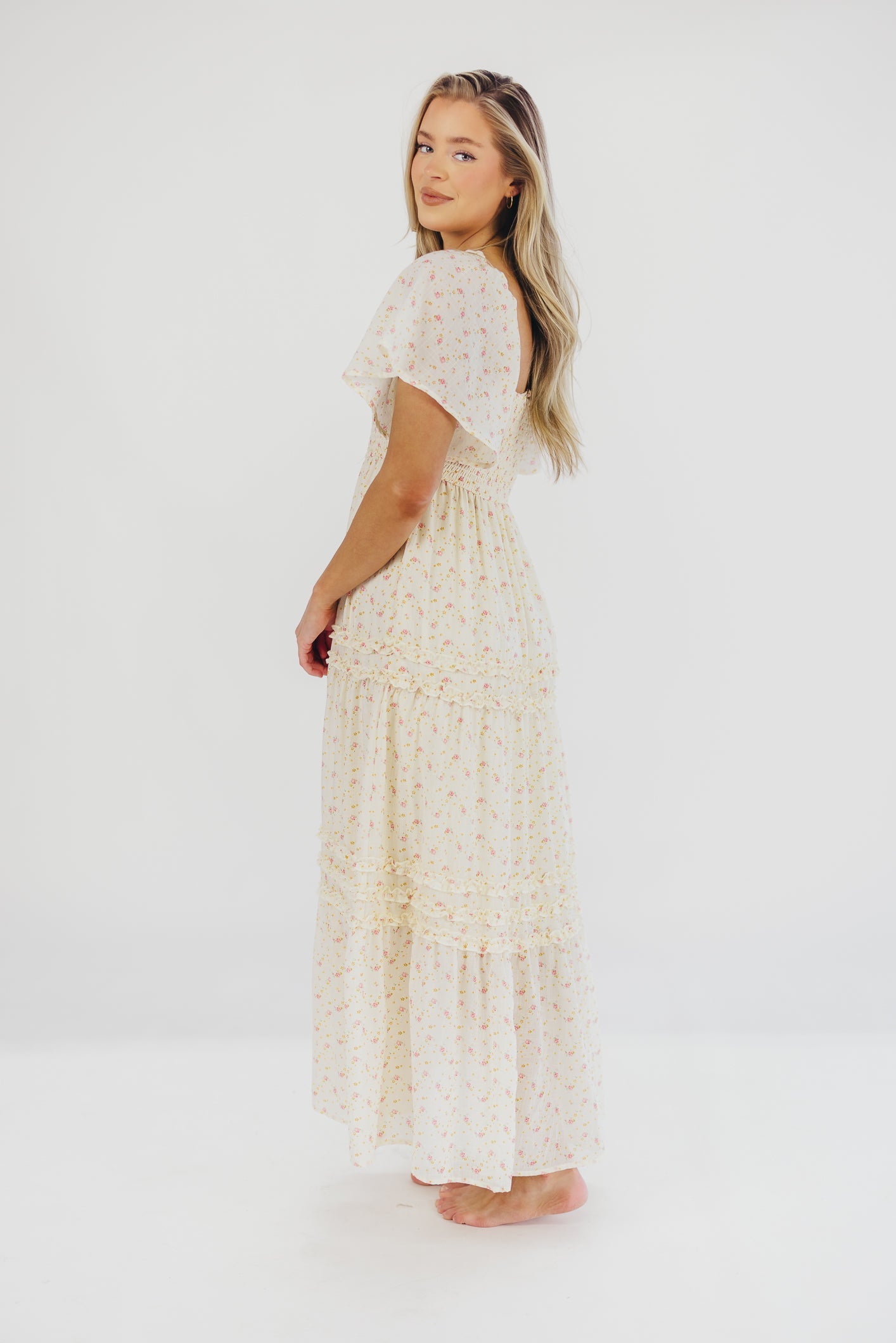 Riley Smocked Floral Print Maxi Dress in Rose Floral