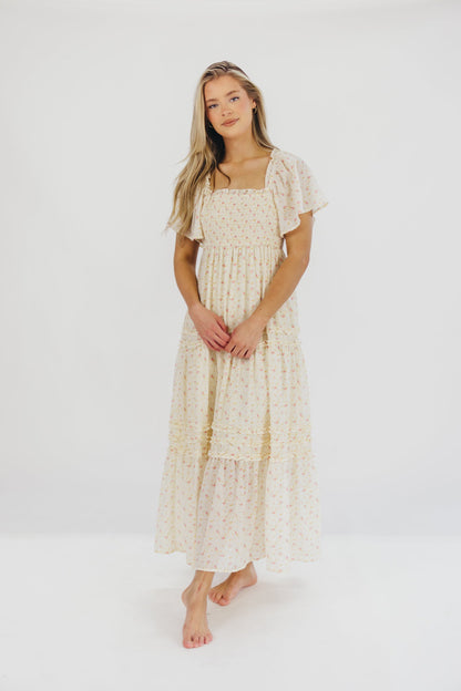 Riley Smocked Floral Print Maxi Dress in Rose Floral