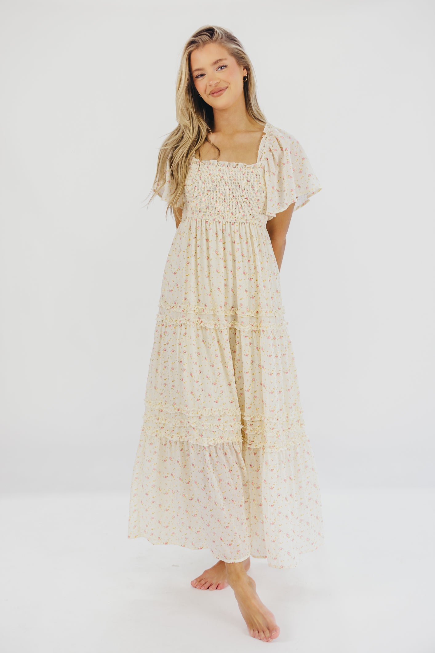 Riley Smocked Floral Print Maxi Dress in Rose Floral