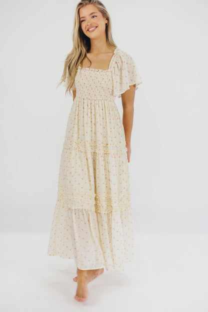 Riley Smocked Floral Print Maxi Dress in Rose Floral