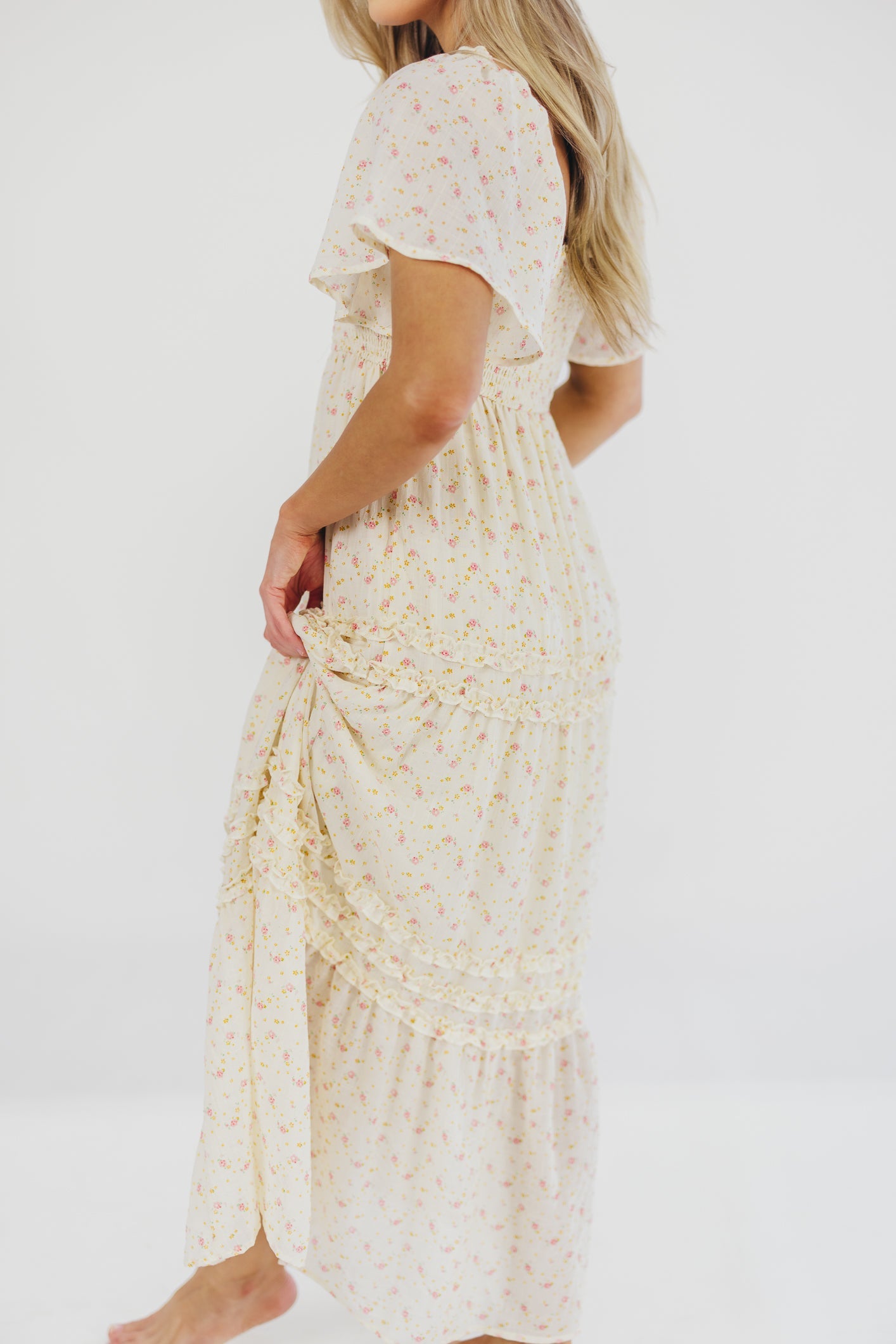 Riley Smocked Floral Print Maxi Dress in Rose Floral