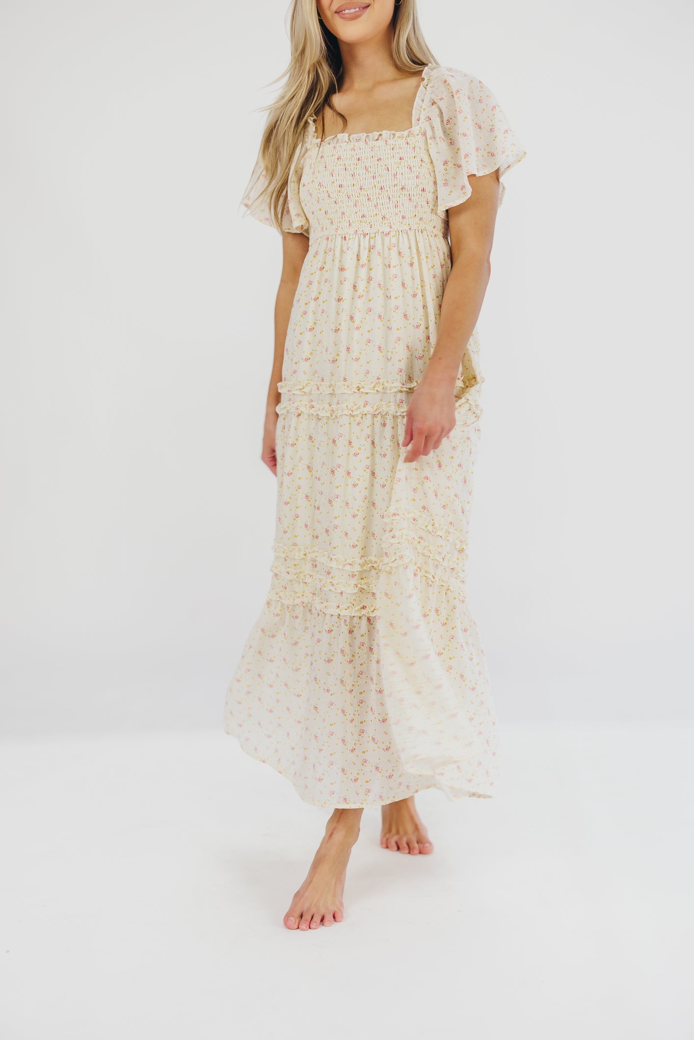 Riley Smocked Floral Print Maxi Dress in Rose Floral