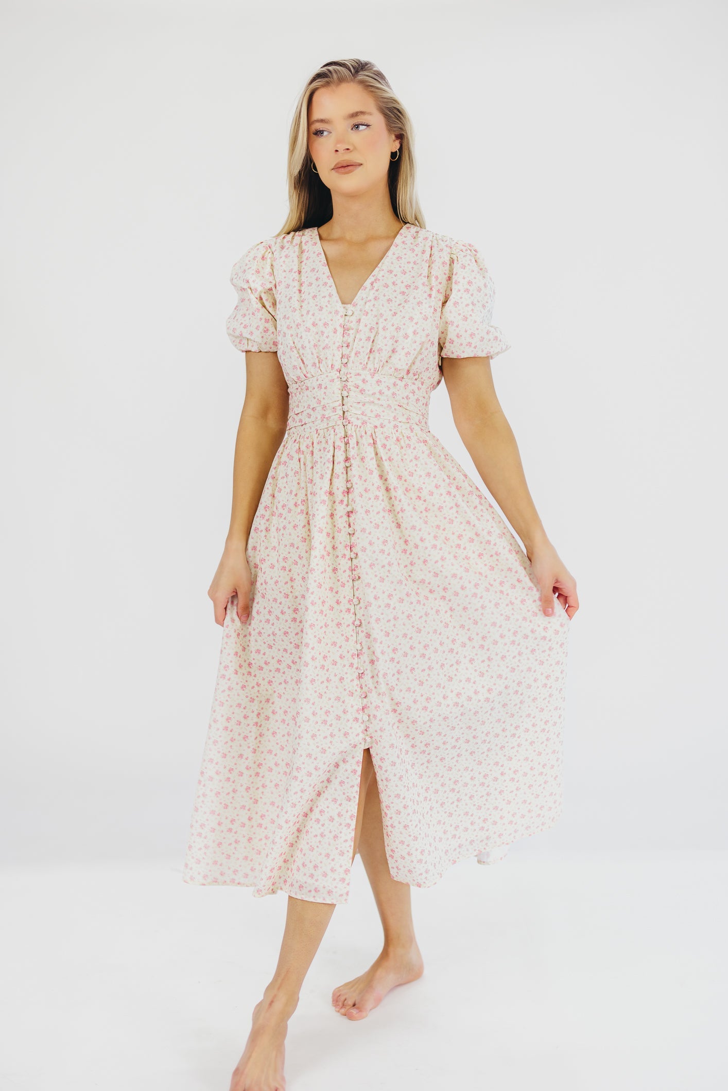 Billie Pleated Maxi Dress in White Pink Floral - Bump Friendly & Inclusive Sizing (S-3XL)