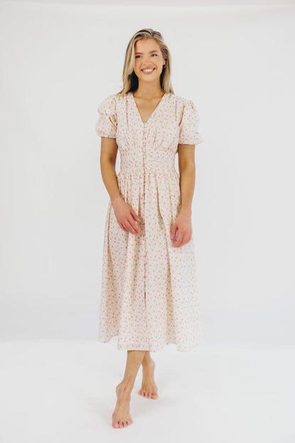 Billie Pleated Maxi Dress in White Pink Floral - Bump Friendly & Inclusive Sizing (S-3XL)