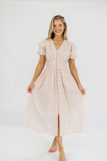 Billie Pleated Maxi Dress in White Pink Floral - Bump Friendly & Inclusive Sizing (S-3XL)