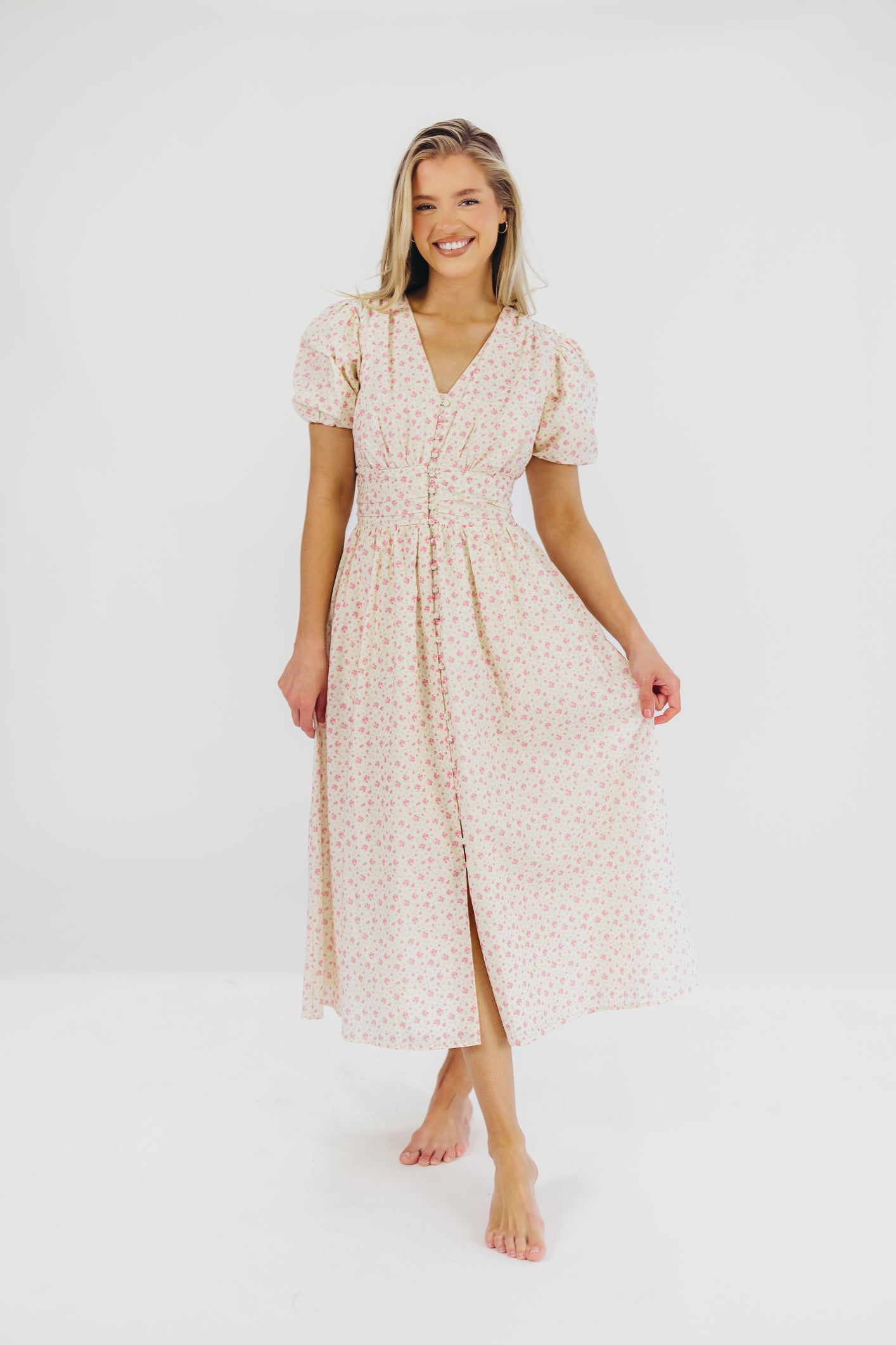 Billie Pleated Maxi Dress in White Pink Floral - Bump Friendly & Inclusive Sizing (S-3XL)