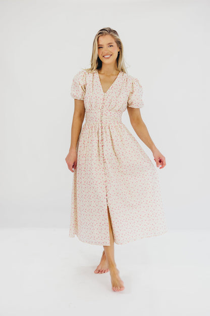 Billie Pleated Maxi Dress in White Pink Floral - Bump Friendly & Inclusive Sizing (S-3XL)