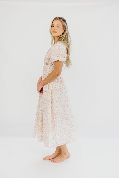 Billie Pleated Maxi Dress in White Pink Floral - Bump Friendly & Inclusive Sizing (S-3XL)